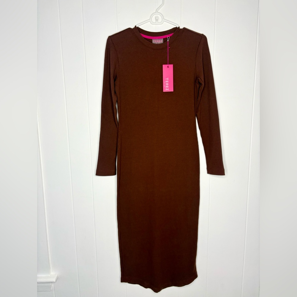 NWT $179 Terez Scoop Neck Long Sleeve Rib Dress in Cafe Brown Midi Size Small - Picture 3 of 10